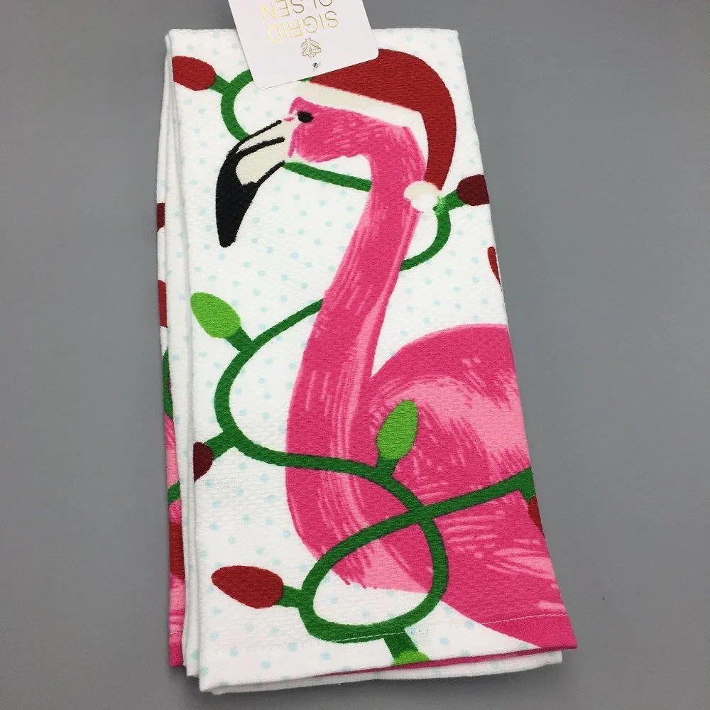 x2 Sigrid Olsen Christmas Lights Flamingo Kitchen Towel Set Santa Hat Tropical